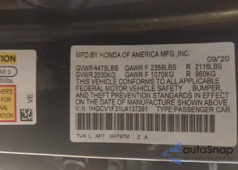 2020 Honda Accord Sport z USA, uszkodzony, nr VIN 1HGCV1F31LA137261